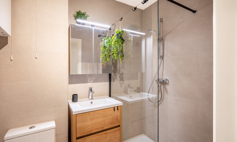 Salle de bain, douche et lavabo